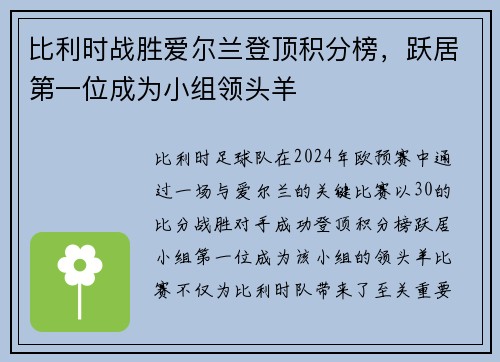 比利时战胜爱尔兰登顶积分榜，跃居第一位成为小组领头羊