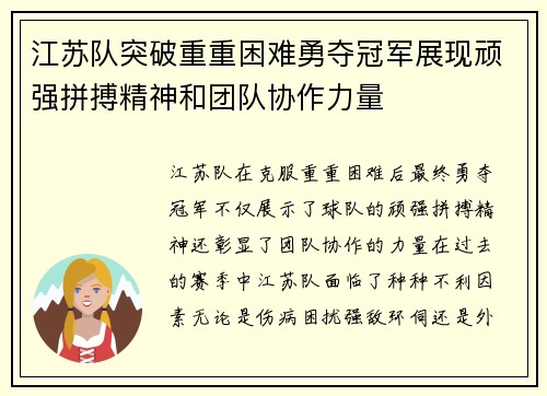 江苏队突破重重困难勇夺冠军展现顽强拼搏精神和团队协作力量