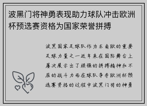 波黑门将神勇表现助力球队冲击欧洲杯预选赛资格为国家荣誉拼搏