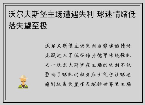 沃尔夫斯堡主场遭遇失利 球迷情绪低落失望至极