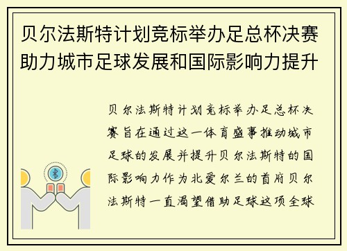 贝尔法斯特计划竞标举办足总杯决赛助力城市足球发展和国际影响力提升