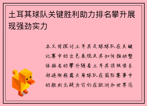 土耳其球队关键胜利助力排名攀升展现强劲实力