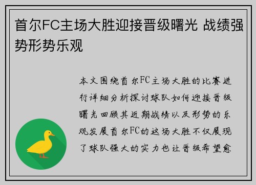 首尔FC主场大胜迎接晋级曙光 战绩强势形势乐观